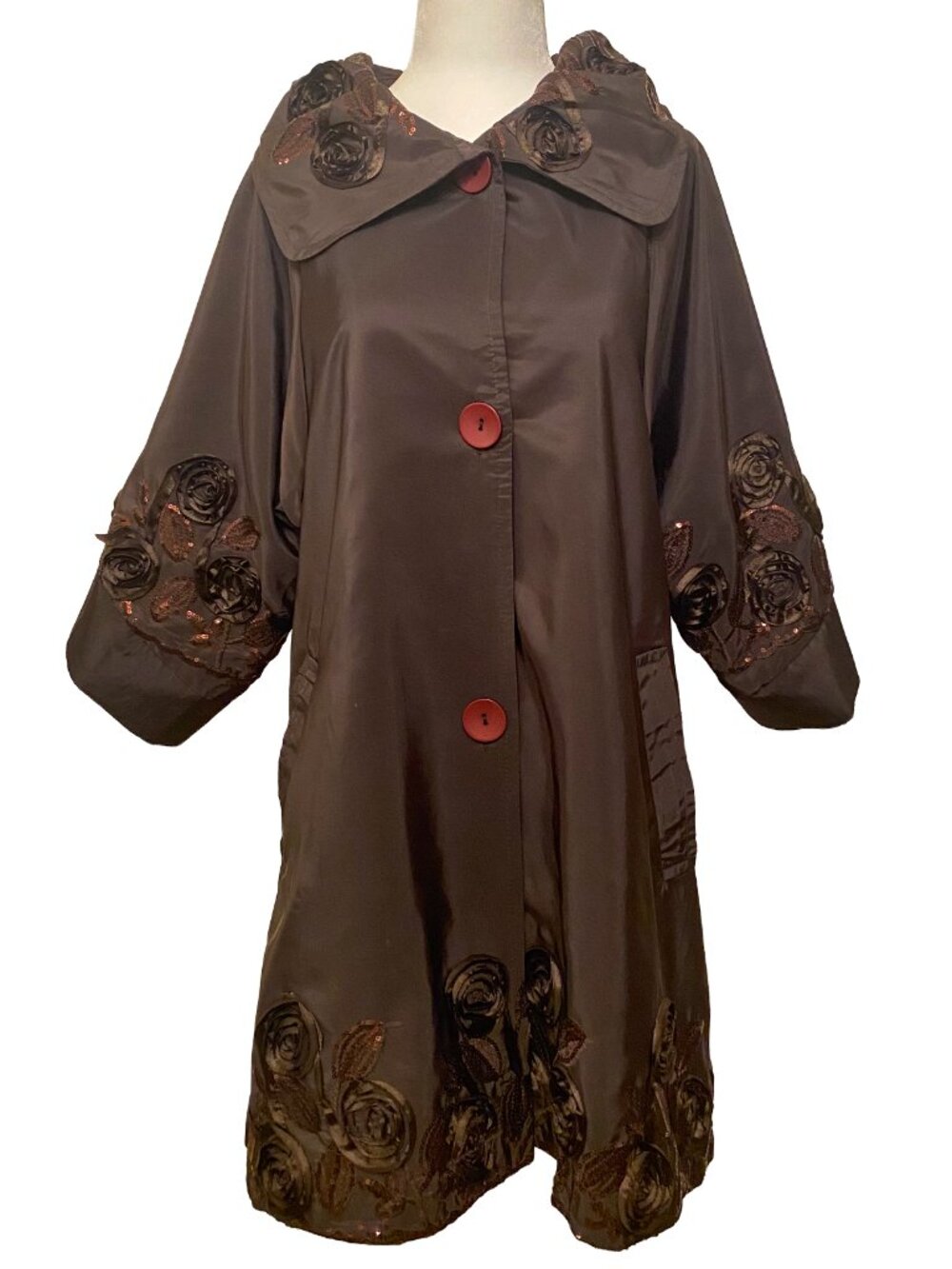 Damee, Inc. Brown Evening Swing Coat Jacket with Embroidered Roses Sz L